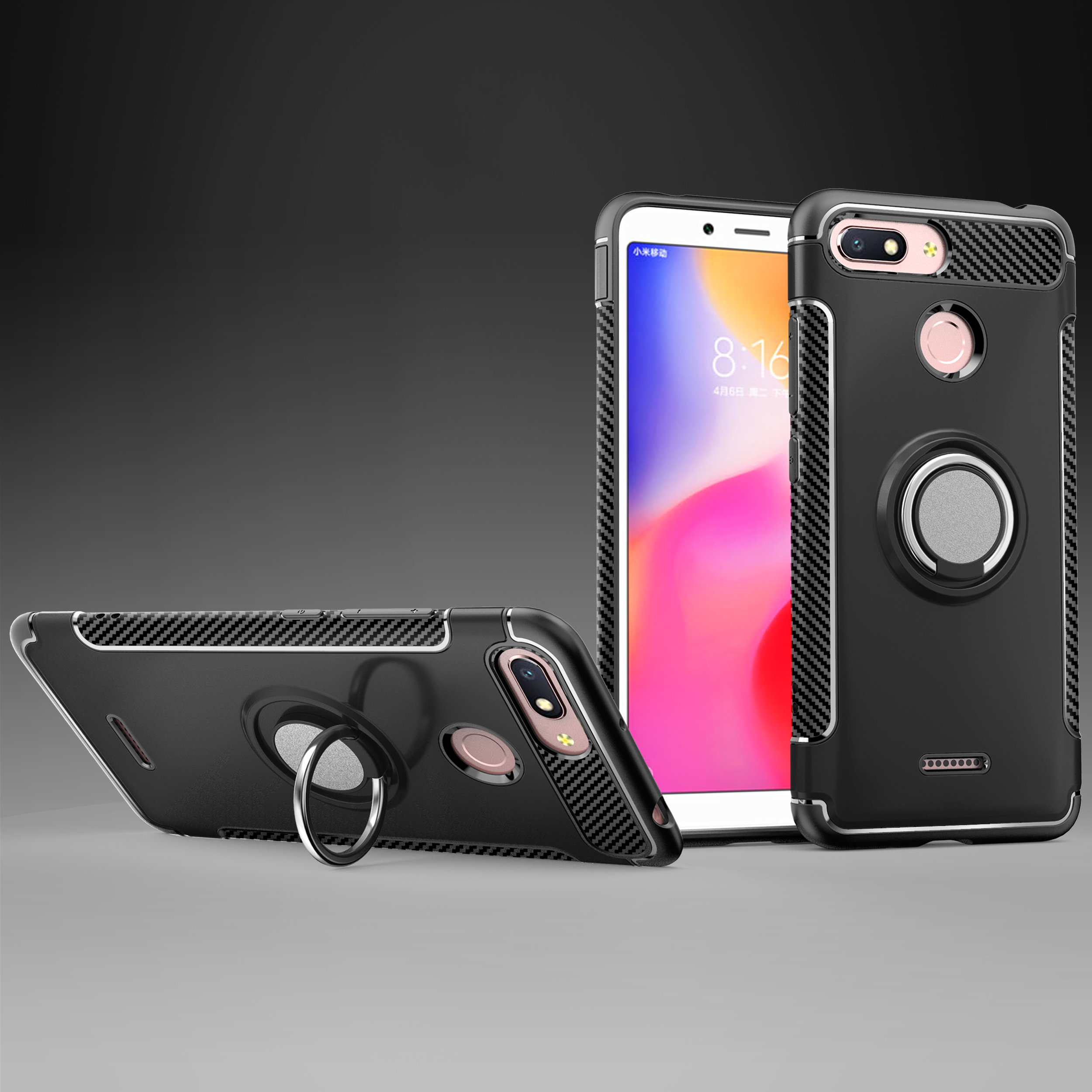 Carbon Fiber Texture TPU PC Combo Cover for Xiaomi Redmi 6 (Dual Camera: 12MP+5MP) with Magnetic Ring Holder Kickstand - Gold-1