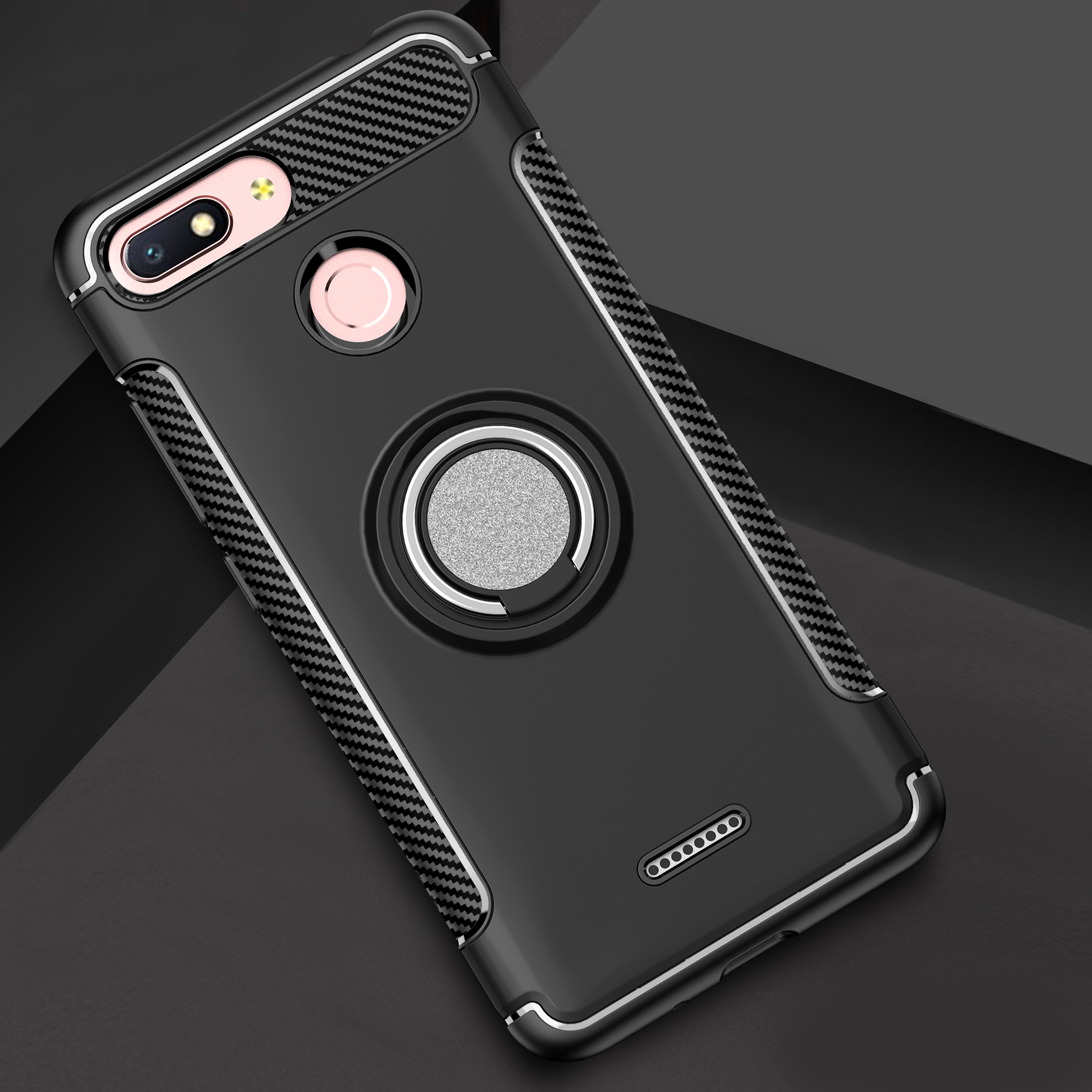 Carbon Fiber Texture TPU PC Combo Cover for Xiaomi Redmi 6 (Dual Camera: 12MP+5MP) with Magnetic Ring Holder Kickstand - Gold-2