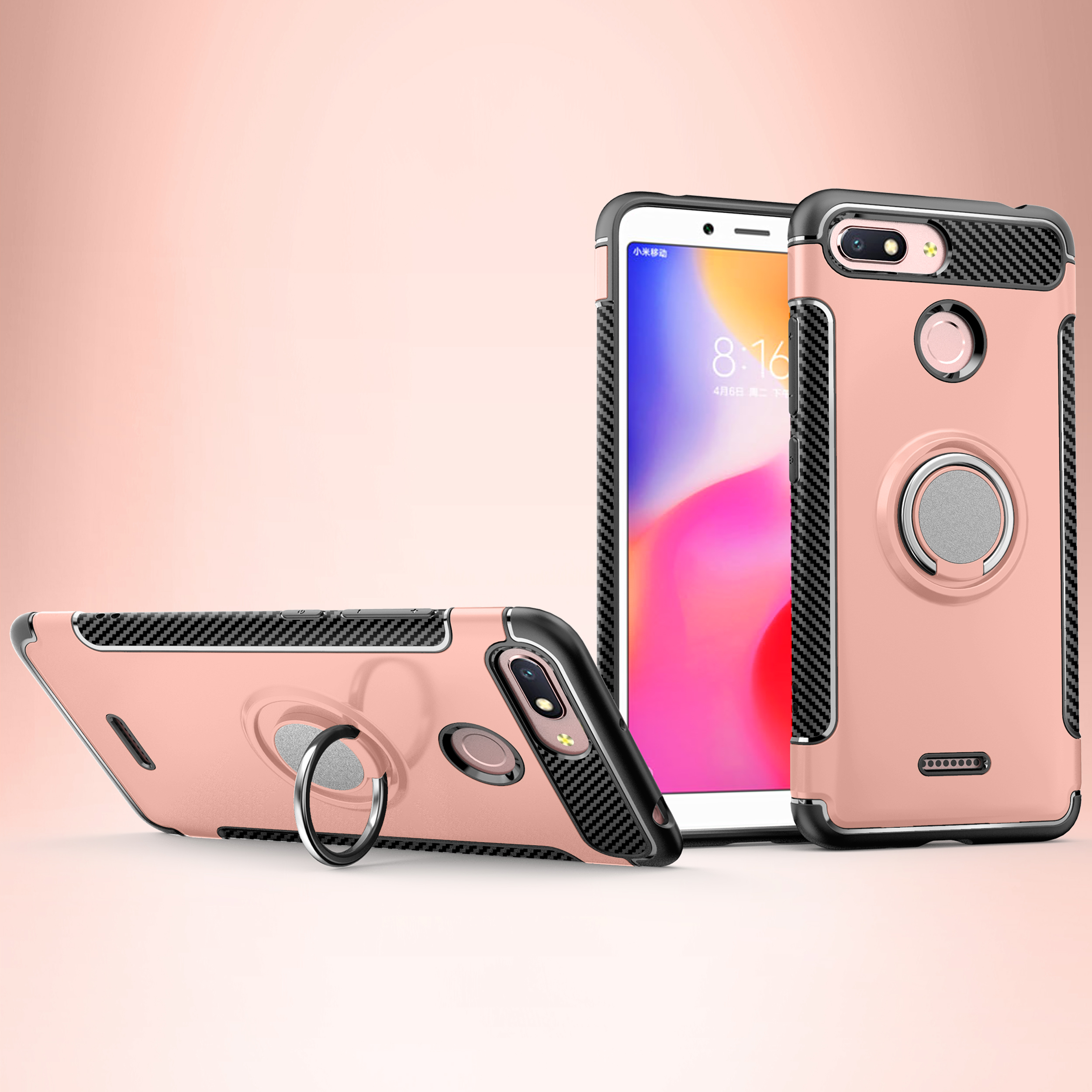 Carbon Fiber Texture TPU PC Combo Shell for Xiaomi Redmi 6 (Dual Camera: 12MP+5MP) with Magnetic Ring Holder Kickstand - Rose Gold-1