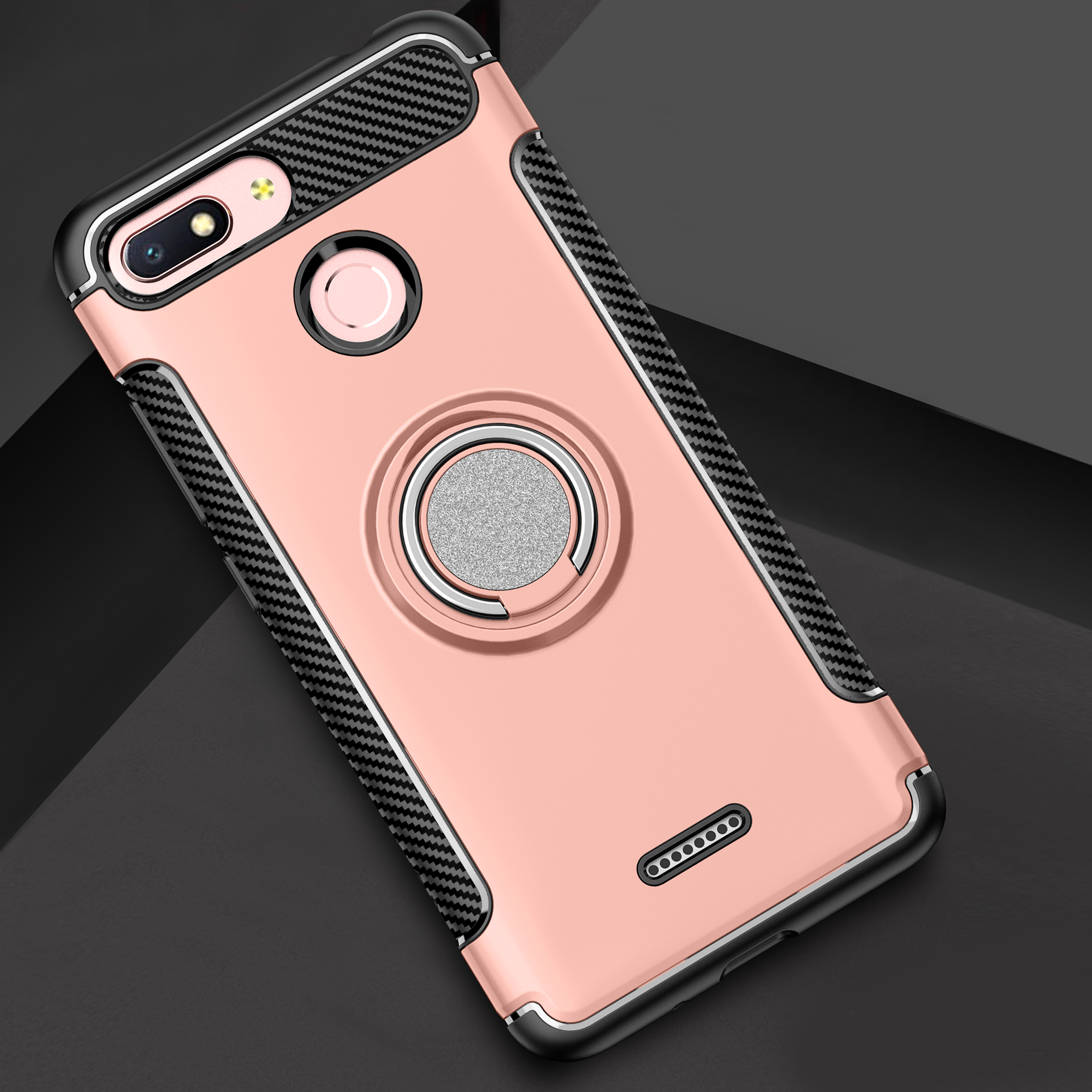 Carbon Fiber Texture TPU PC Combo Shell for Xiaomi Redmi 6 (Dual Camera: 12MP+5MP) with Magnetic Ring Holder Kickstand - Rose Gold-2