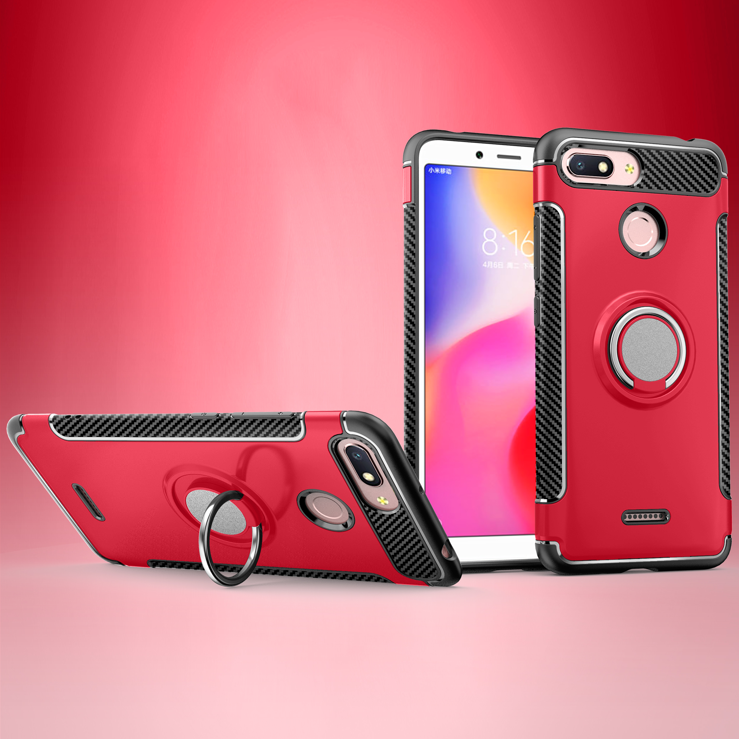 Carbon Fiber Texture TPU PC Combo Cell Phone Case for Xiaomi Redmi 6 (Dual Camera: 12MP+5MP) with Magnetic Ring Holder Kickstand - Silver-1
