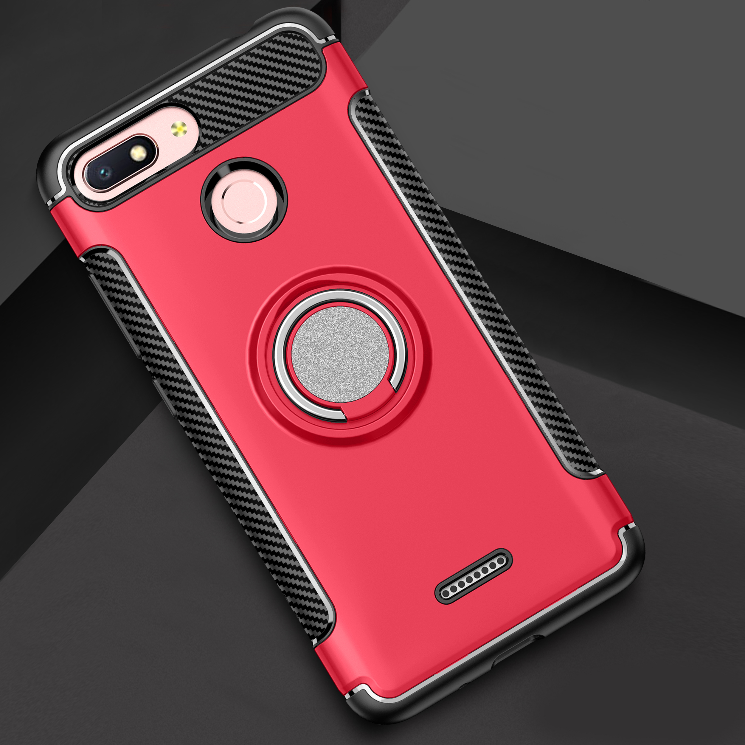 Carbon Fiber Texture TPU PC Combo Cell Phone Case for Xiaomi Redmi 6 (Dual Camera: 12MP+5MP) with Magnetic Ring Holder Kickstand - Silver-2