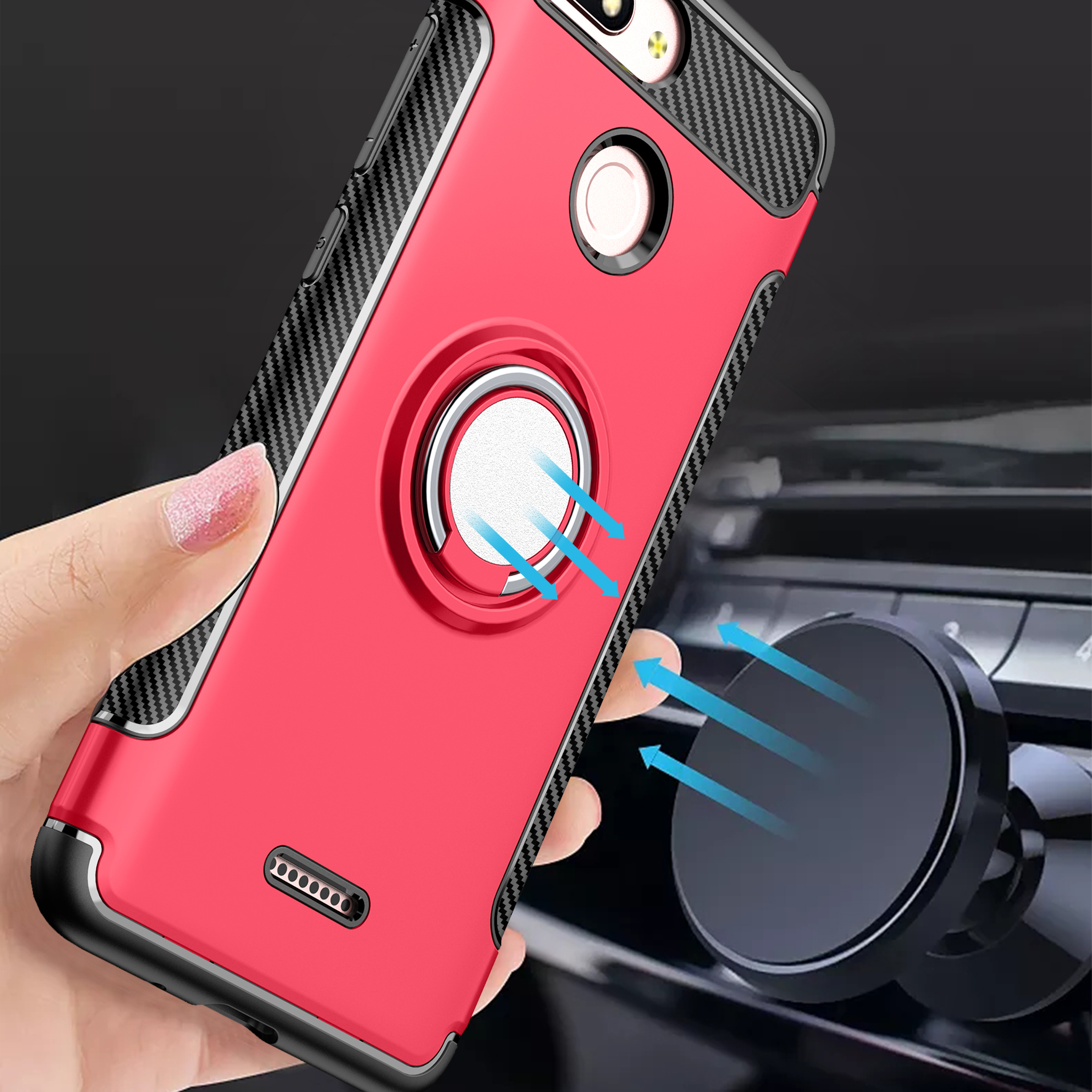 Carbon Fiber Texture TPU PC Combo Cell Phone Case for Xiaomi Redmi 6 (Dual Camera: 12MP+5MP) with Magnetic Ring Holder Kickstand - Silver-3