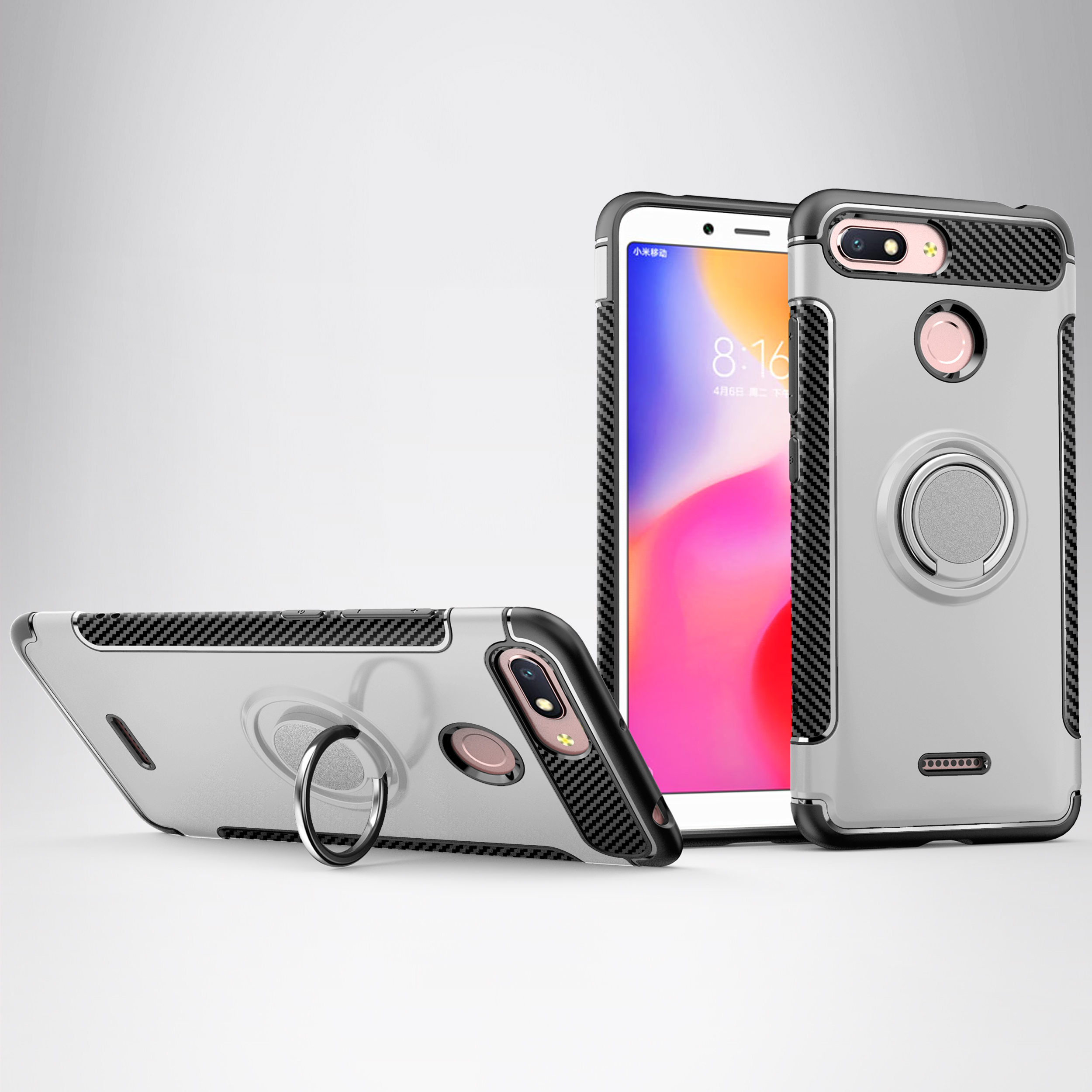 Carbon Fiber Texture TPU Plastic Combo Case for Xiaomi Redmi 6 (Dual Camera: 12MP+5MP) with Magnetic Ring Holder Kickstand - Grey-1