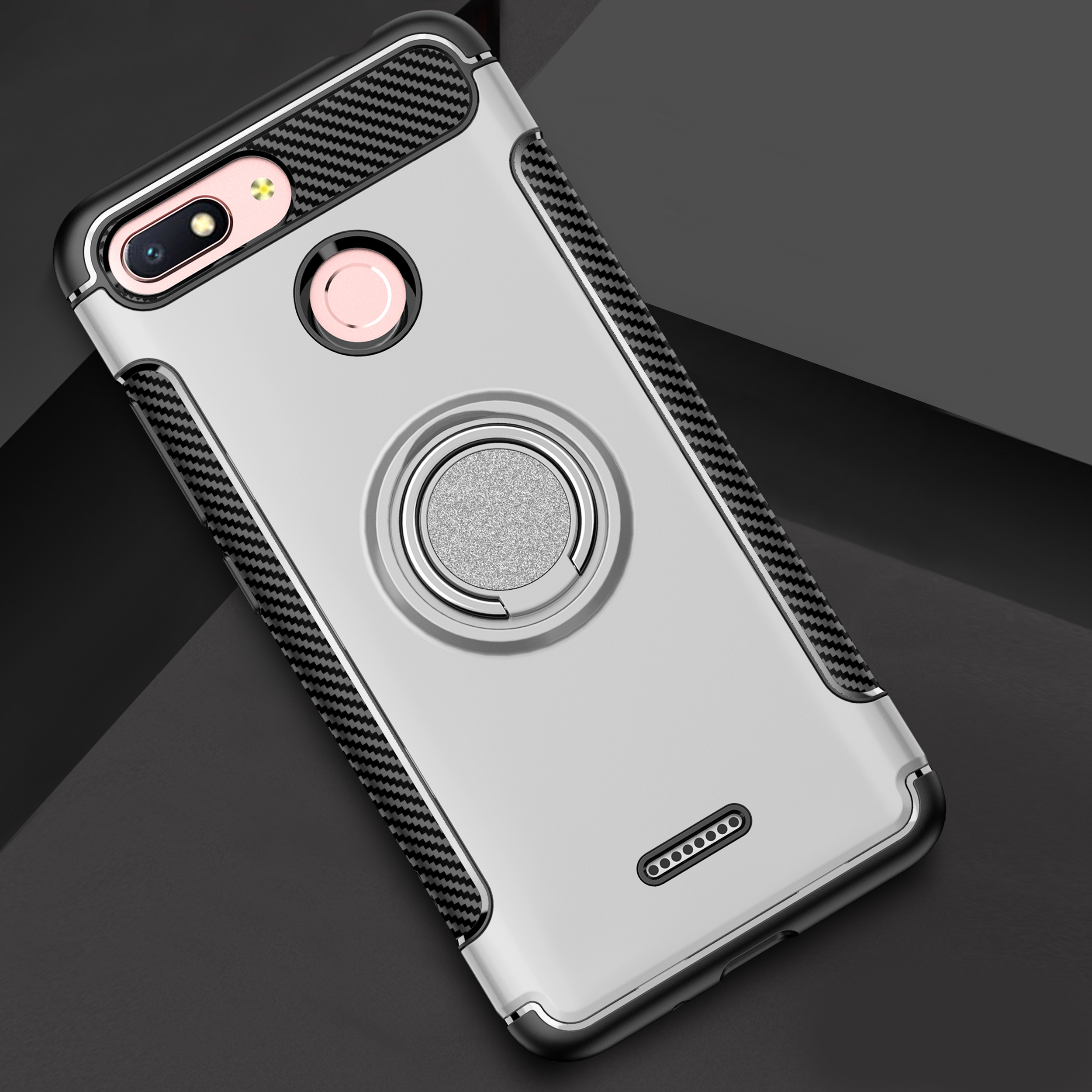 Carbon Fiber Texture TPU Plastic Combo Case for Xiaomi Redmi 6 (Dual Camera: 12MP+5MP) with Magnetic Ring Holder Kickstand - Grey-2