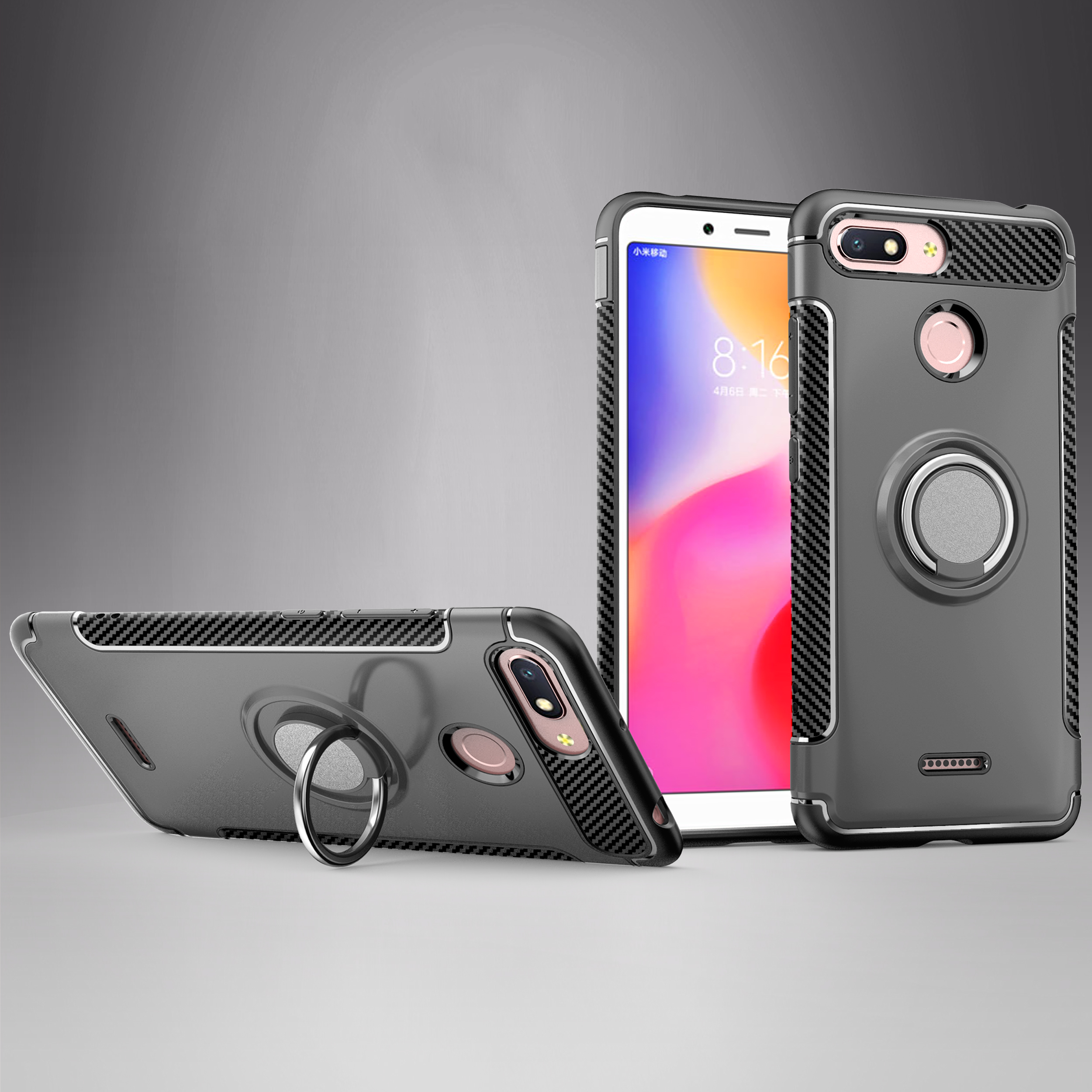 Carbon Fiber Texture TPU PC Hybrid Case for Xiaomi Redmi 6 (Dual Camera: 12MP+5MP) with Magnetic Ring Holder Kickstand - Red-1