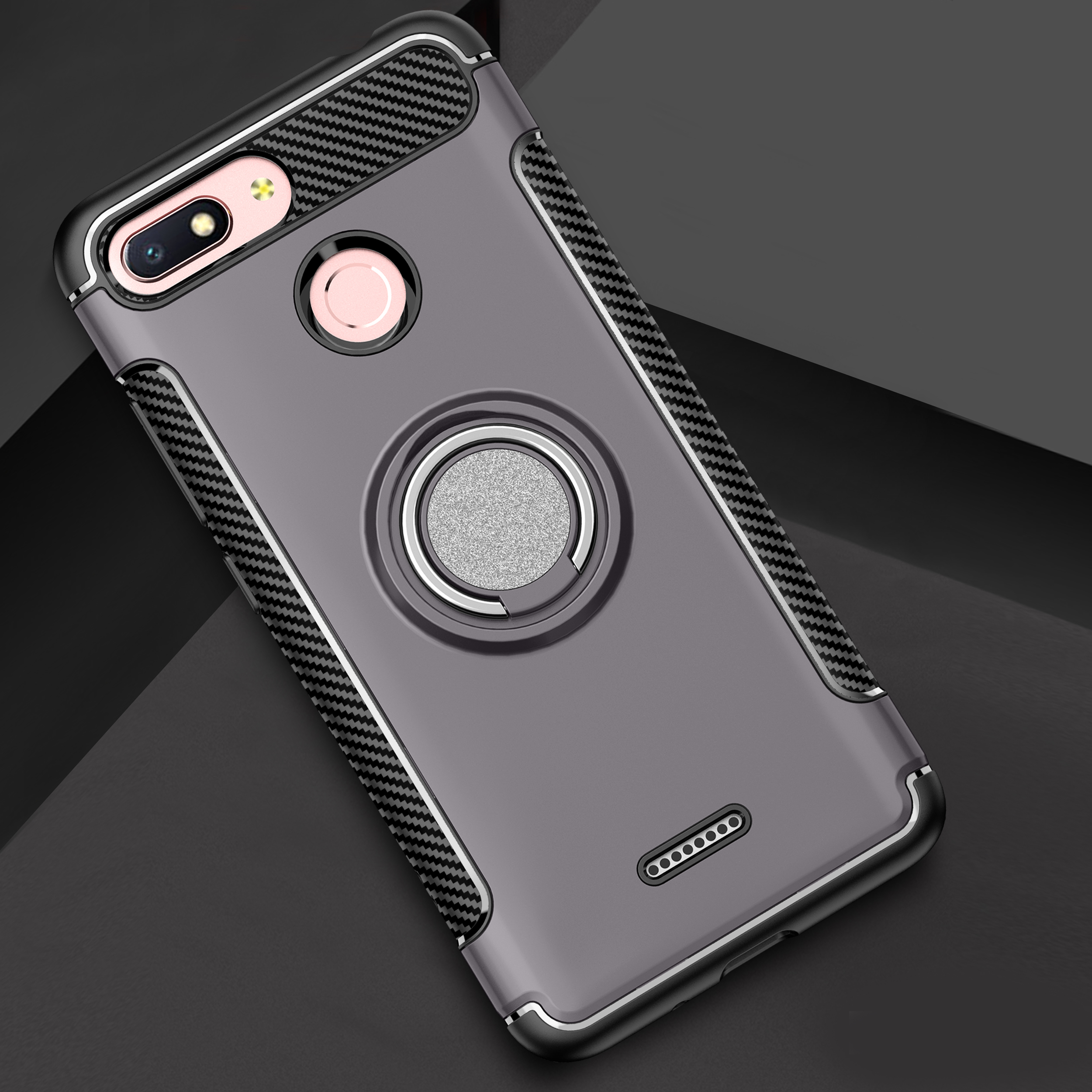 Carbon Fiber Texture TPU PC Hybrid Case for Xiaomi Redmi 6 (Dual Camera: 12MP+5MP) with Magnetic Ring Holder Kickstand - Red-2