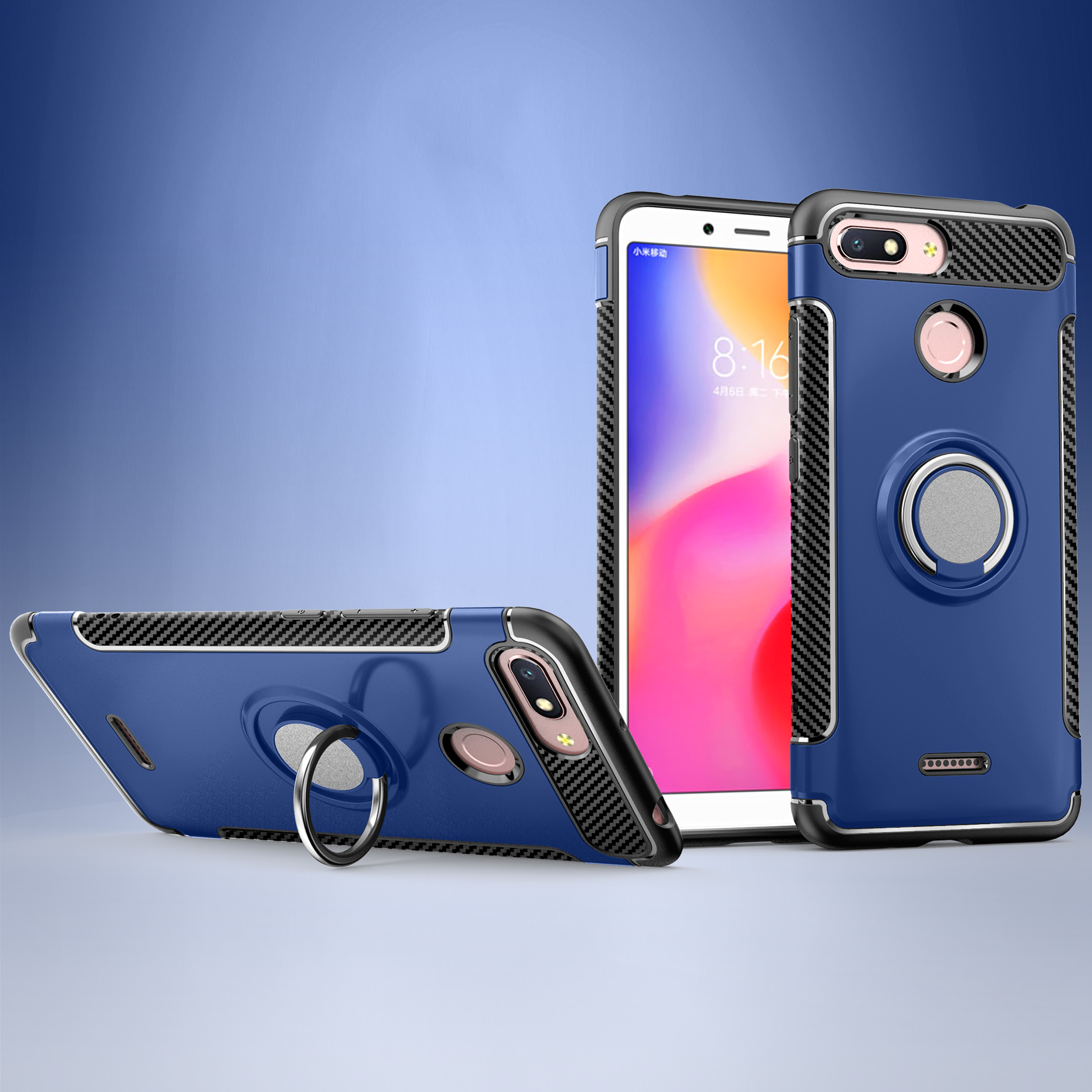 Carbon Fiber Texture TPU PC Combo Back Case for Xiaomi Redmi 6 (Dual Camera: 12MP+5MP) with Magnetic Ring Holder Kickstand - Dark Blue-1