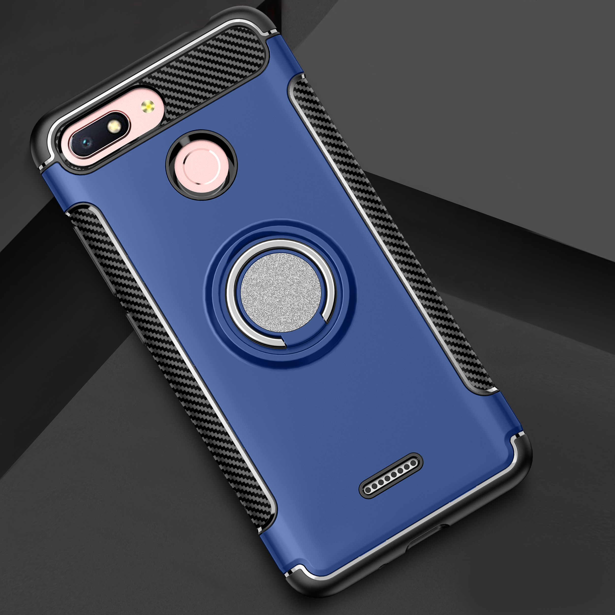 Carbon Fiber Texture TPU PC Combo Back Case for Xiaomi Redmi 6 (Dual Camera: 12MP+5MP) with Magnetic Ring Holder Kickstand - Dark Blue-2