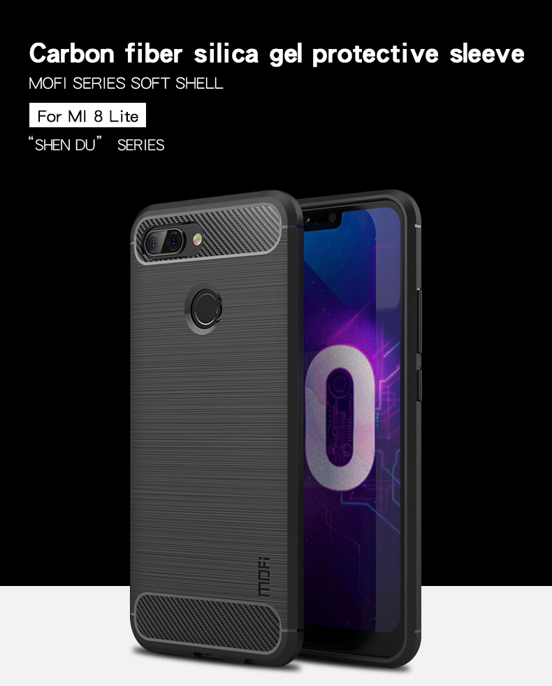 Mofi Fiber de Carbono Textura Cepillada Case de Teléfono TPU Para Xiaomi Mi 8 Lite / mi 8 Juvent (mi 8X) - Negro