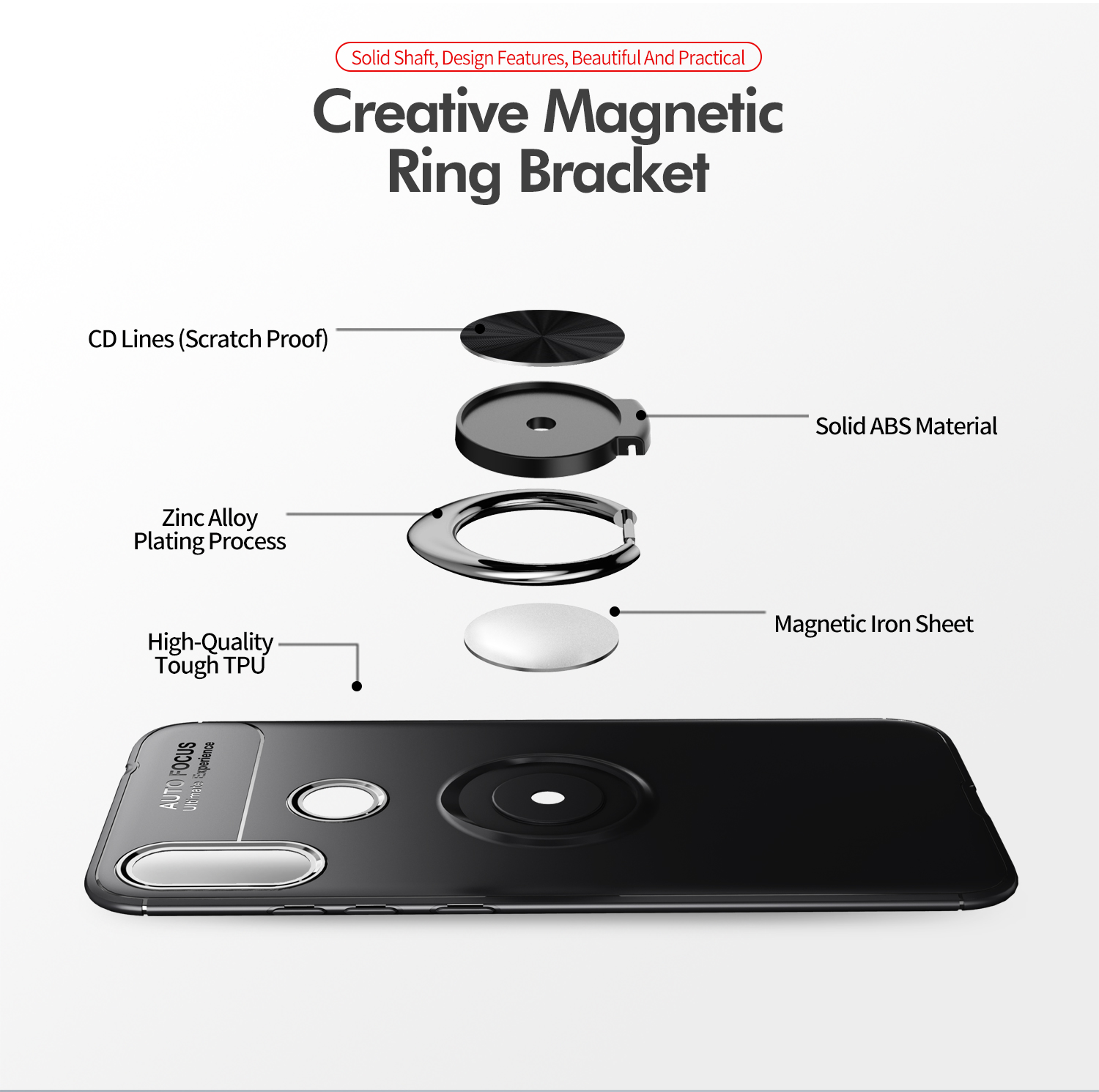 Fingerring Kickstand TPU -fall Für Xiaomi Redmi Note 7S /Note 7 / Anmerkung 7 Pro (indien) (eingebaute Metallblech) - Schwarz