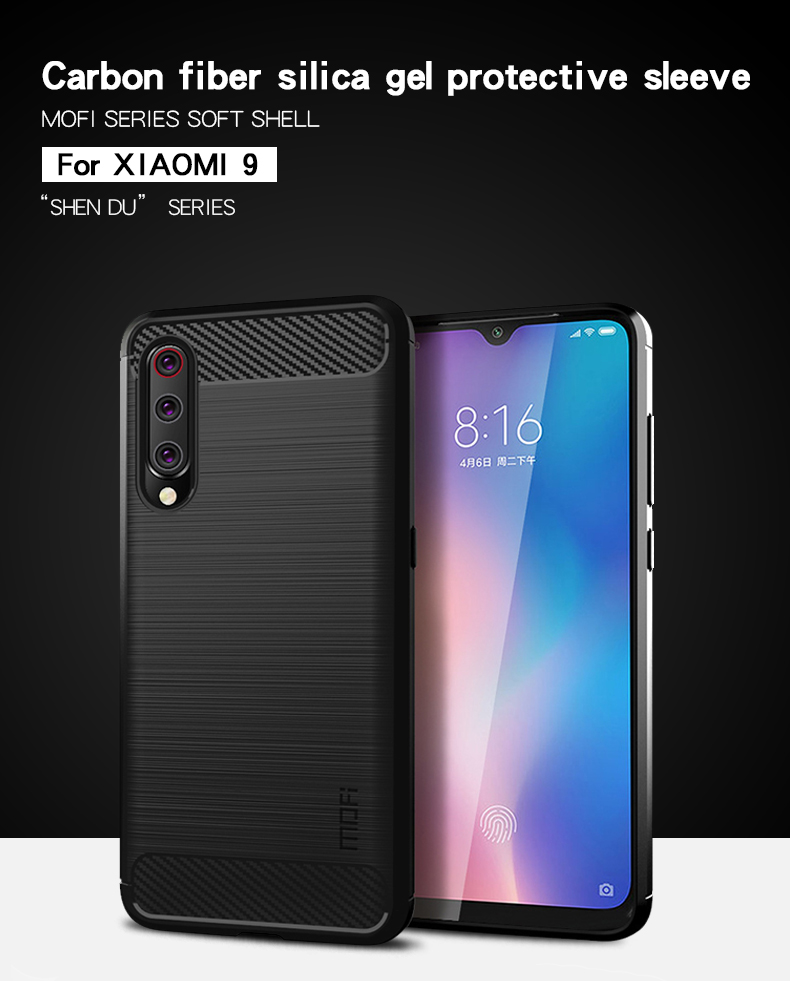 Mofi Fiber de Carbono Textura Cepillada Case de Teléfono TPU Para Xiaomi Mi 9 - Negro