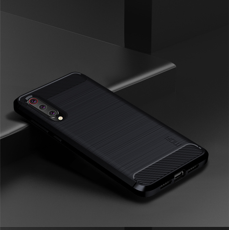 Mofi Fiber de Carbono Textura Cepillada Case de Teléfono TPU Para Xiaomi Mi 9 - Negro