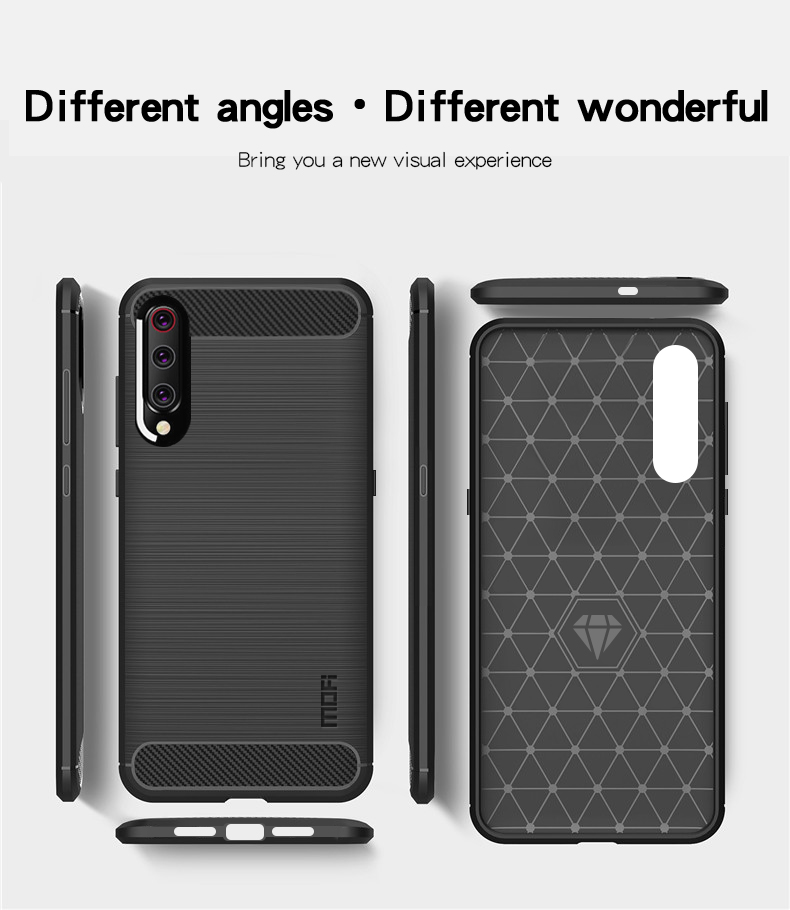 Mofi Fiber de Carbono Textura Cepillada Case de Teléfono TPU Para Xiaomi Mi 9 - Negro