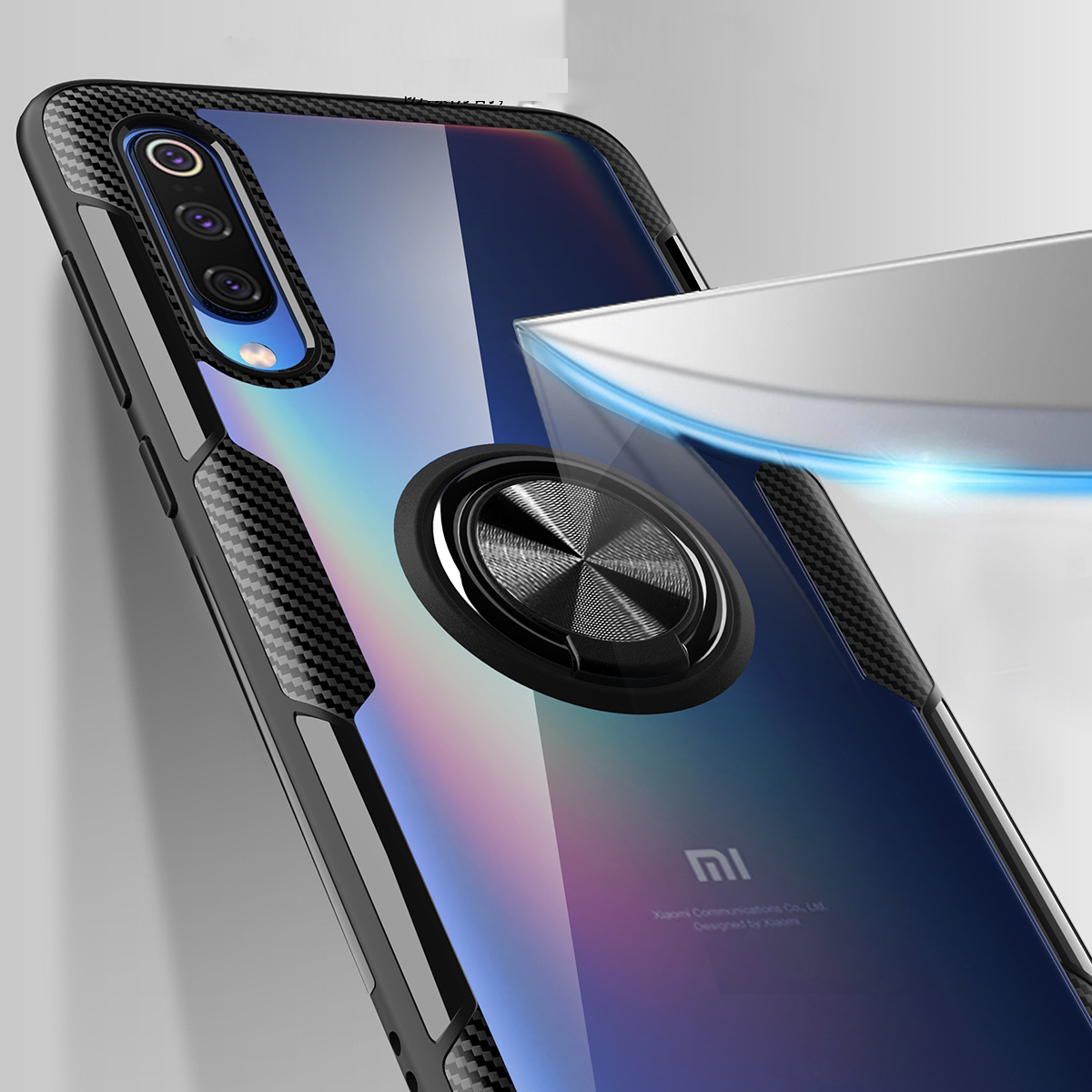 Para Xiaomi Mi 9 Anel de Dedo Kickstand TPU + PC Caso Híbrido [folha de Metal Magnético Embutido] - Bebê Azul / Preto