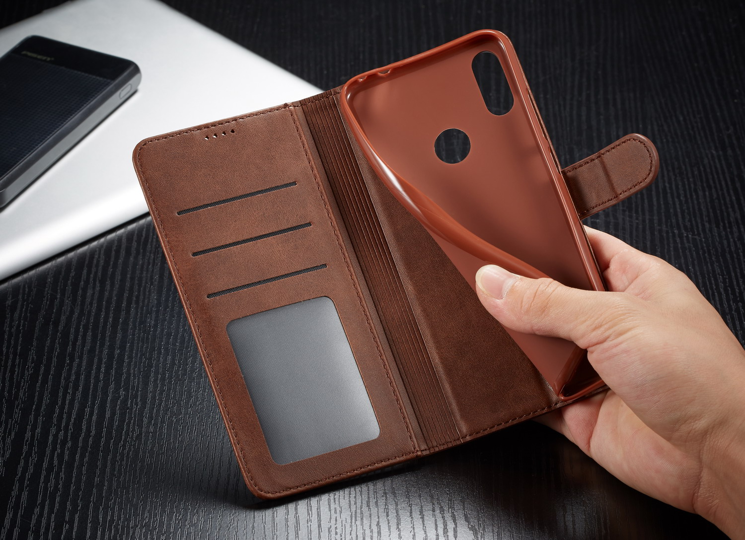 Lc. Imeeke Leder Brieftaschenstand Hülle Für Xiaomi Redmi 7 / Redmi Y3 - Kaffee