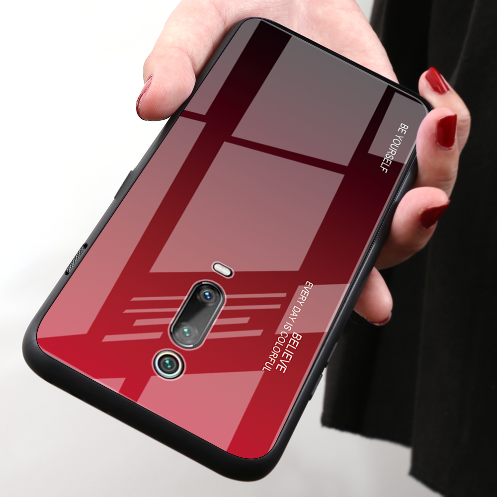 Gradiente de Estilo de Color Glass+PC+TPU Teléfono Para Xiaomi Redmi K20 / Mi 9t / K20 Pro / Mi 9t Pro - Rojo / Negro