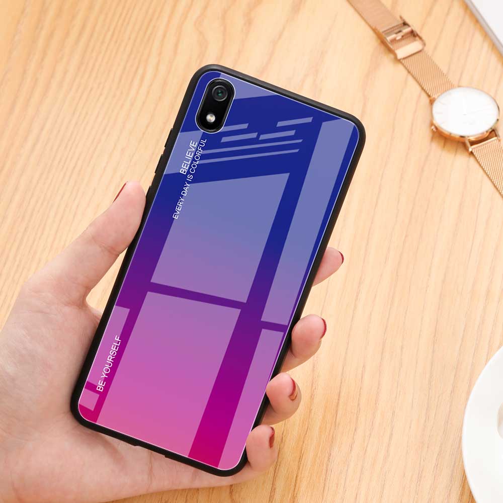 Verre de Couleur de Gradient + Étui Hybride TPU Pour Xiaomi Redmi 7a - or / Rose