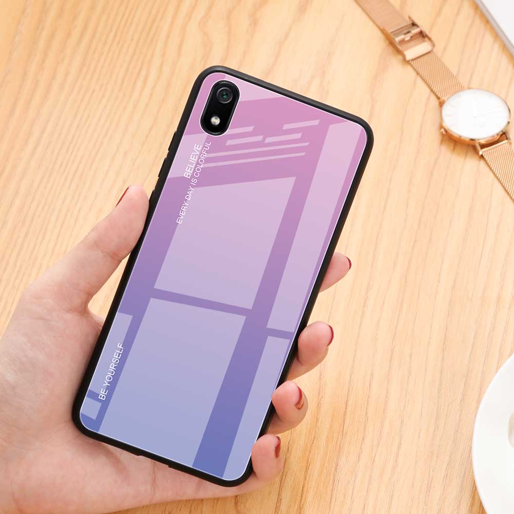 Verre de Couleur de Gradient + Étui Hybride TPU Pour Xiaomi Redmi 7a - Rose / Violet