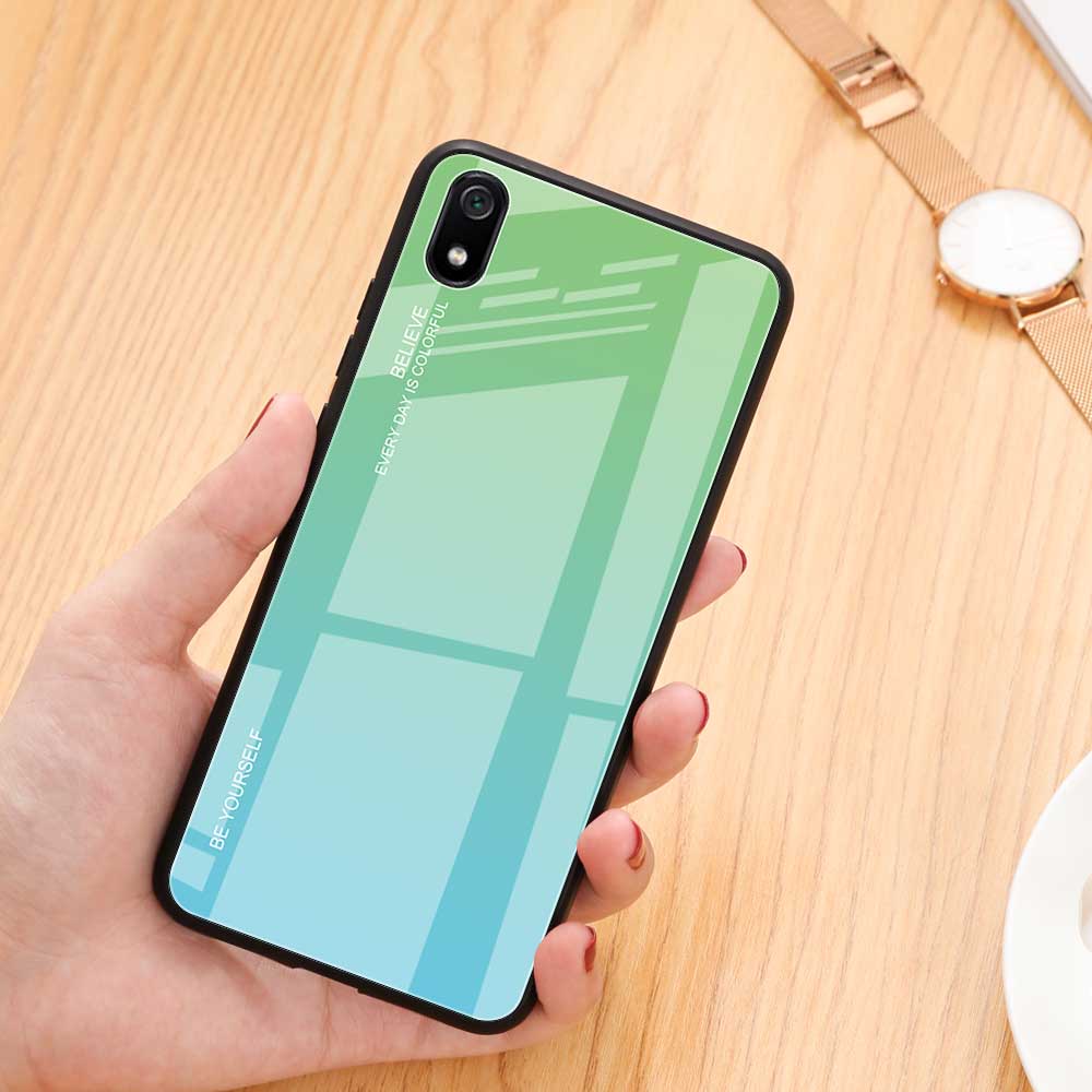 Gradiente de Vidrio de Color + Case Híbrida TPU Para Xiaomi Redmi 7a - Verde / Azul