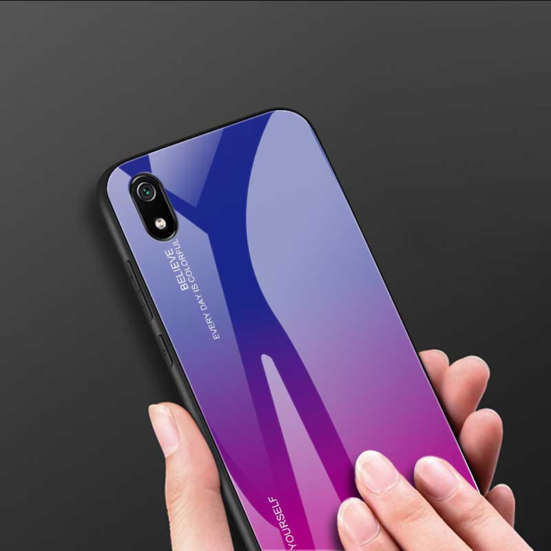 Vetro a Colori Gradiente + Custodia Ibrida TPU Per Xiaomi Redmi 7A - Rosso / Nero