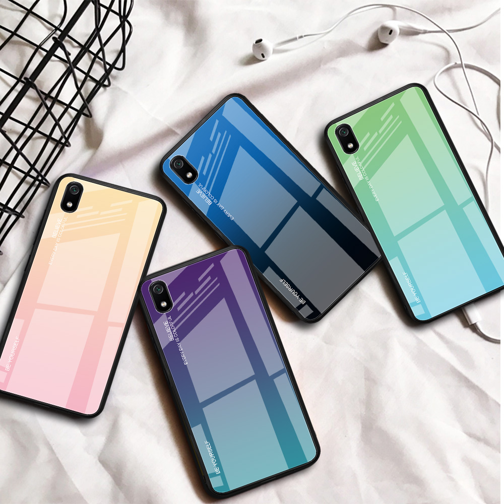 Vetro a Colori Gradiente + Custodia Ibrida TPU Per Xiaomi Redmi 7A - Verde / Blu