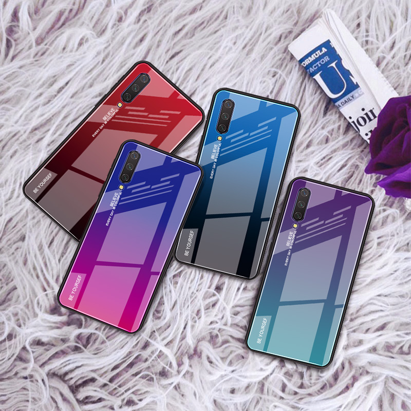 Couleur de Gradient Verre + TPU Hybrid Téléphone Pour Xiaomi Mi CC9 / mi CC9 Meitu Edition / Mi 9 Lite - Rouge / le Noir