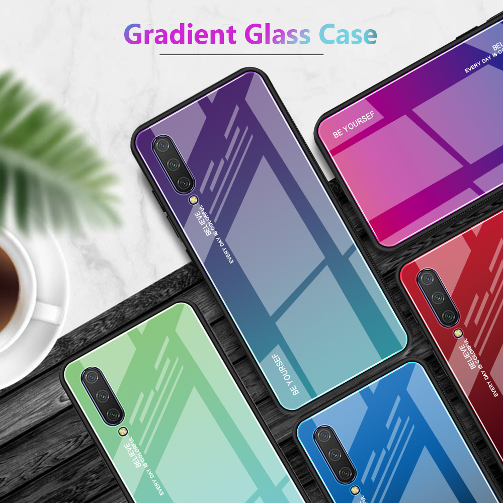 Gradientenfarbe Glas + TPU Hybrid Telefonabdeckung Für Xiaomi Mi CC9 / Mi CC9 Meitu Edition/ Mi 9 Lite - Rot / Schwarz