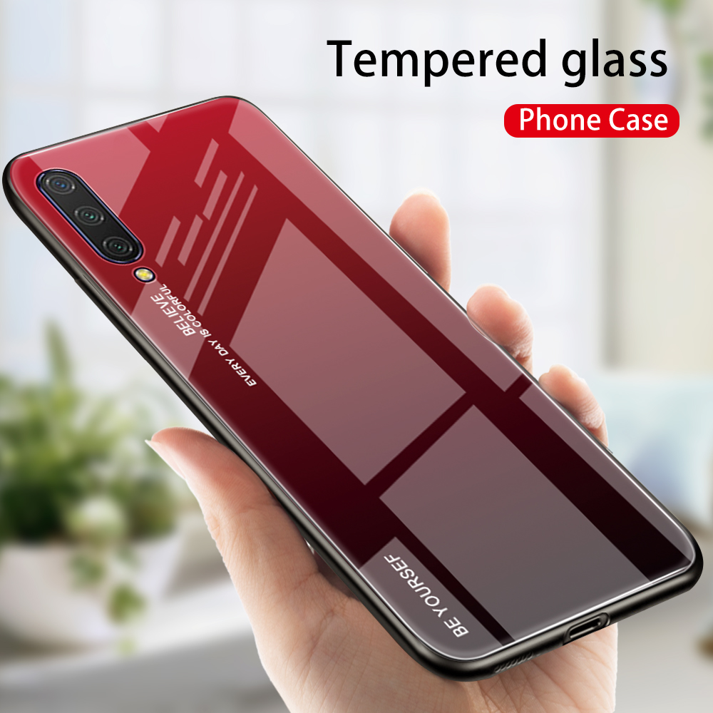 Couleur de Gradient Verre + TPU Hybrid Téléphone Pour Xiaomi Mi CC9 / mi CC9 Meitu Edition / Mi 9 Lite - Rouge / le Noir