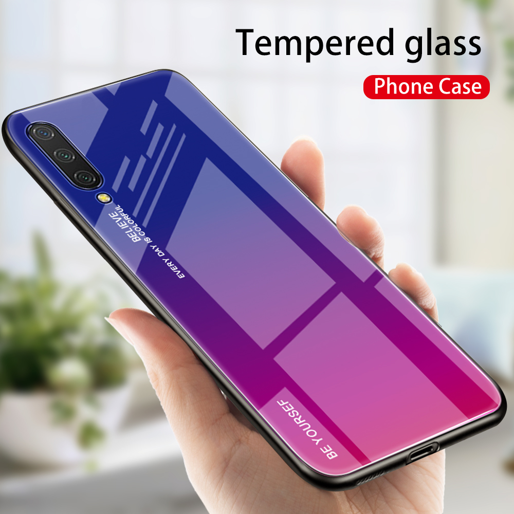 Couleur de Gradient Verre + TPU Hybrid Téléphone Pour Xiaomi Mi CC9 / mi CC9 Meitu Edition / Mi 9 Lite - Rouge / le Noir