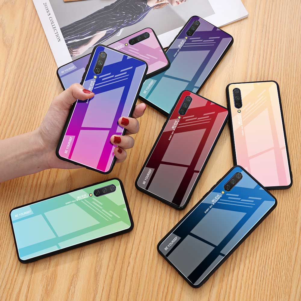 Couleur de Gradient Verre + TPU Hybrid Téléphone Pour Xiaomi Mi CC9 / mi CC9 Meitu Edition / Mi 9 Lite - Rouge / le Noir