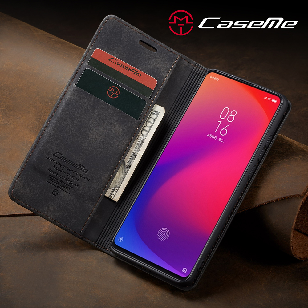 Caseme 013 Serie Automatisch Absorbiertes Brieftaschenstand PU Leder-telefonabdeckung Für Xiaomi Redmi K20 Pro/Redmi K20/Mi 9t/mi 9T Pro - Schwarz