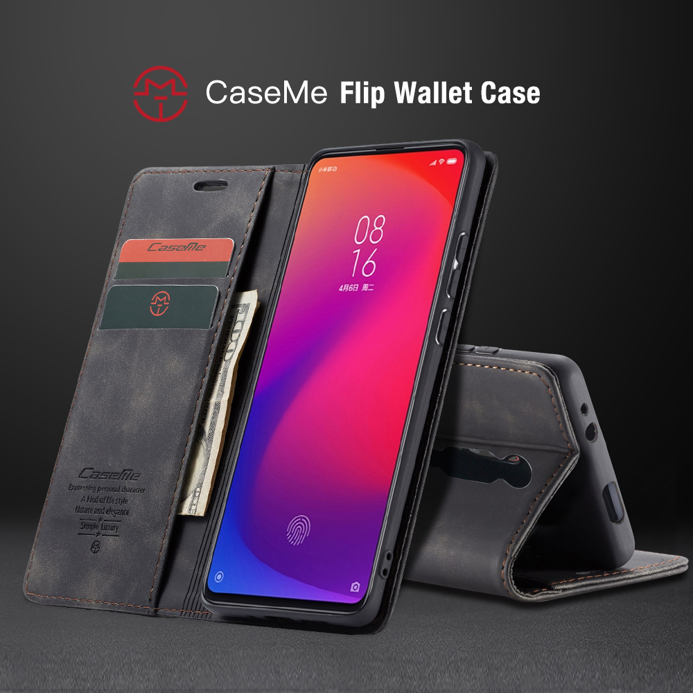 Caseme 013 Serie Auto-absorbida de la Billetera PU Cubierta de Teléfono de Cuero Para Xiaomi Redmi K20 Pro/Redmi K20/mi 9t/mi 9T Pro - Negro