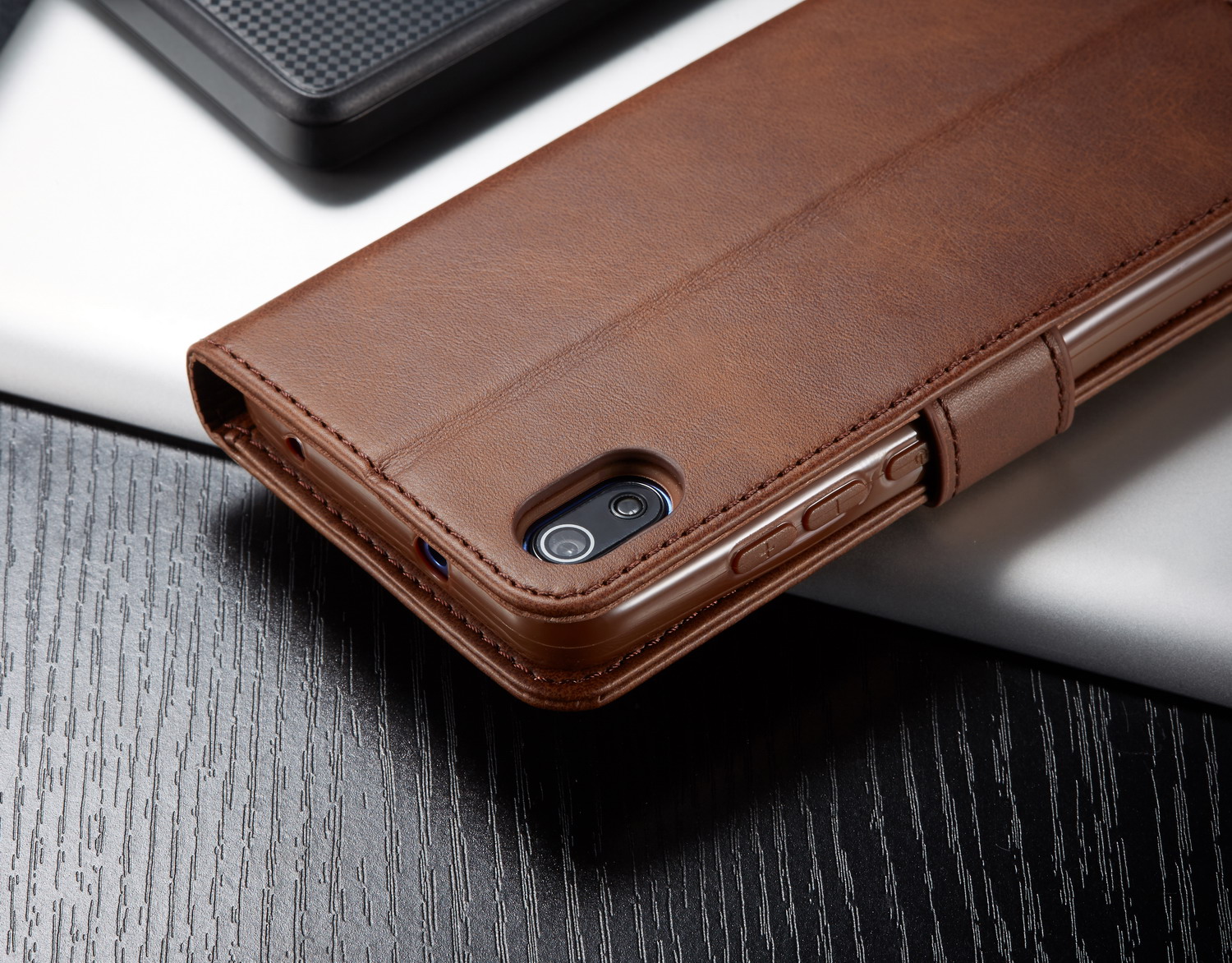 Lc. Imeeke Cowhide Texture Cartera De Cuero Soporte Shell Para Xiaomi Redmi 7A - Marron Oscuro