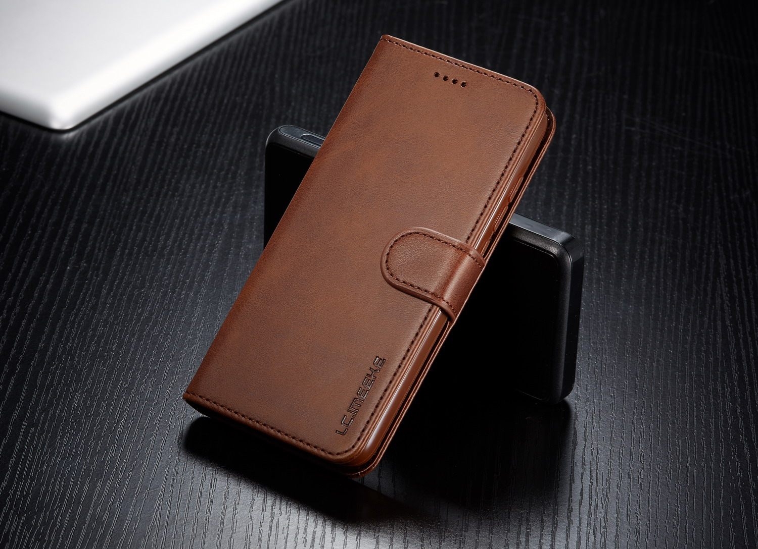 Lc. Imeeke Cowhide Texture Cartera De Cuero Soporte Shell Para Xiaomi Redmi 7A - Marron Oscuro