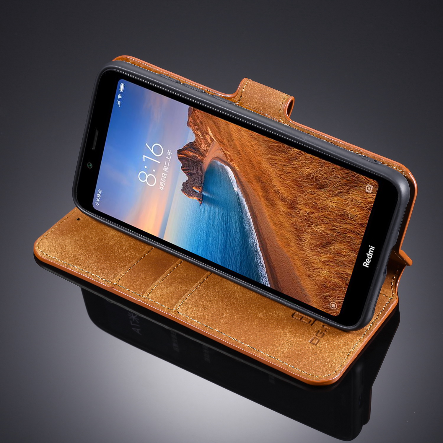 Dg. Ming Retro Style Leather Stand Stand Caso Para Xiaomi Redmi 7a - Cinza