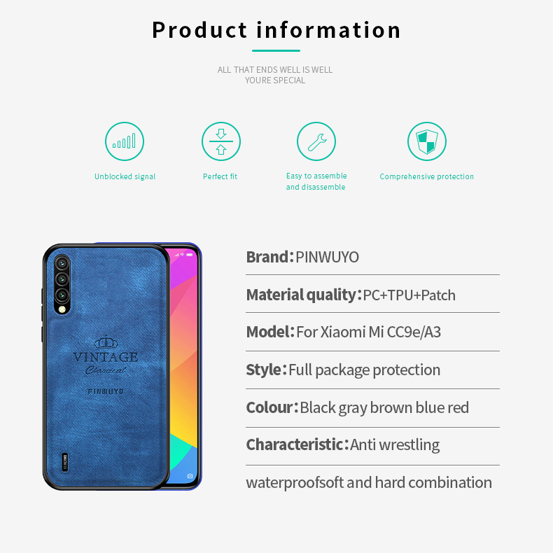 Pinwuyo Honorable Series PU Cool Cubado PC + TPU Hybrid Protective Telephip For Xiaomi Mi Cc9e / Mi A3 - Azul