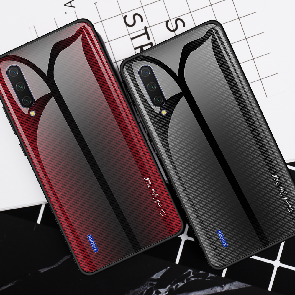 Vidrio Templado De Gradiente De Textura Atrás + TPU Suave Cubierta Del Teléfono Del Borde Para Xiaomi MI CC9 / MI CC9 MEITU EDICIÓN / MI 9 LITE - Rojo