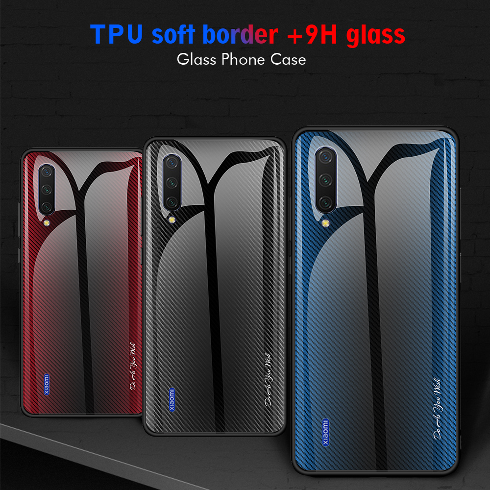 Textura Gradiente Temperado Vidro De Volta + Soft Tpu Borda De Telefone Tampa Para Xiaomi Mi Cc9 / Mi Cc9 Meitu Edition / Mi 9 Lite - Vermelho