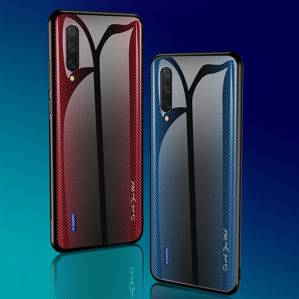 Textura Gradiente Temperado Vidro De Volta + Soft Tpu Borda De Telefone Tampa Para Xiaomi Mi Cc9 / Mi Cc9 Meitu Edition / Mi 9 Lite - Vermelho