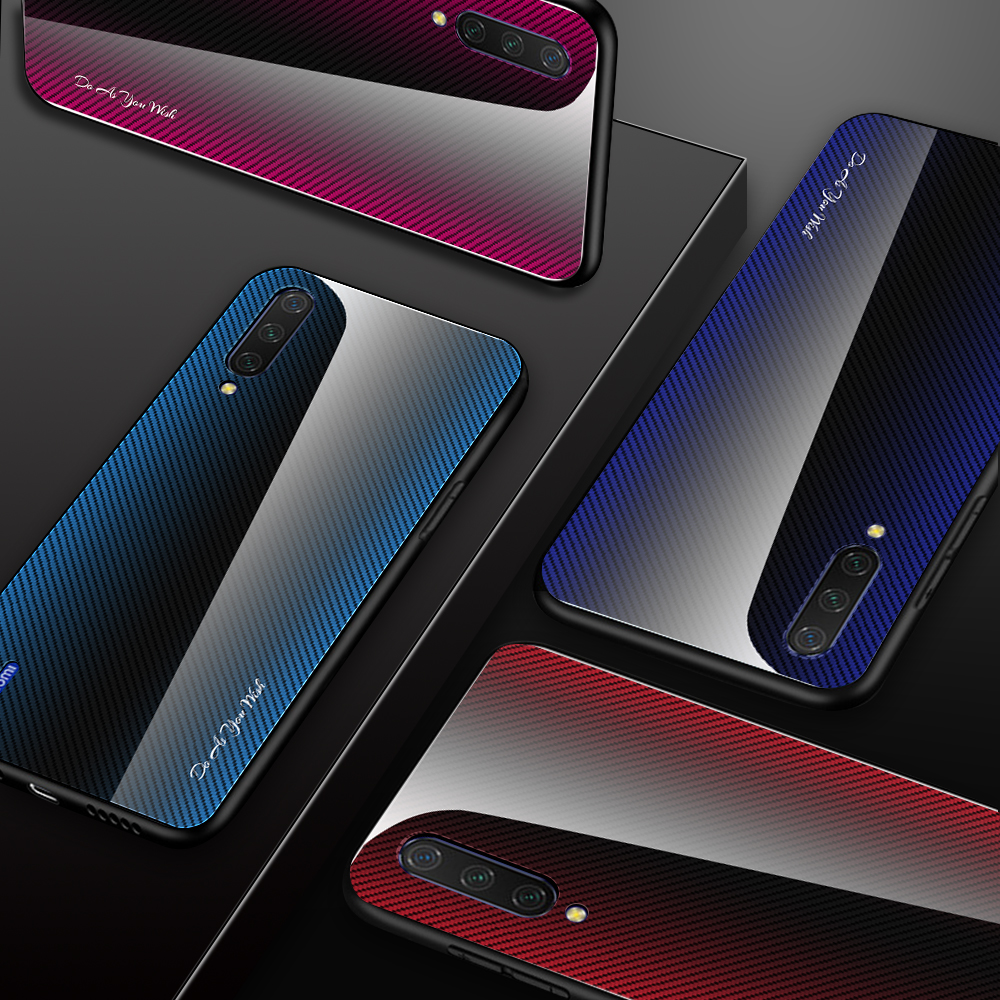 Textura Gradiente Temperado Vidro De Volta + Soft Tpu Borda De Telefone Tampa Para Xiaomi Mi Cc9 / Mi Cc9 Meitu Edition / Mi 9 Lite - Vermelho