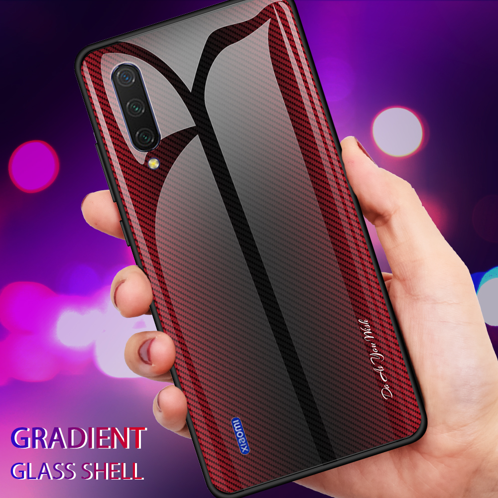 Textur-Gradienten Gehärtetes Glas-Rücken + Weiche TPU-Kante-Telefonabdeckung Für Xiaomi MI CC9 / MI CC9 Meitu Edition / MI 9 Lite - Rot