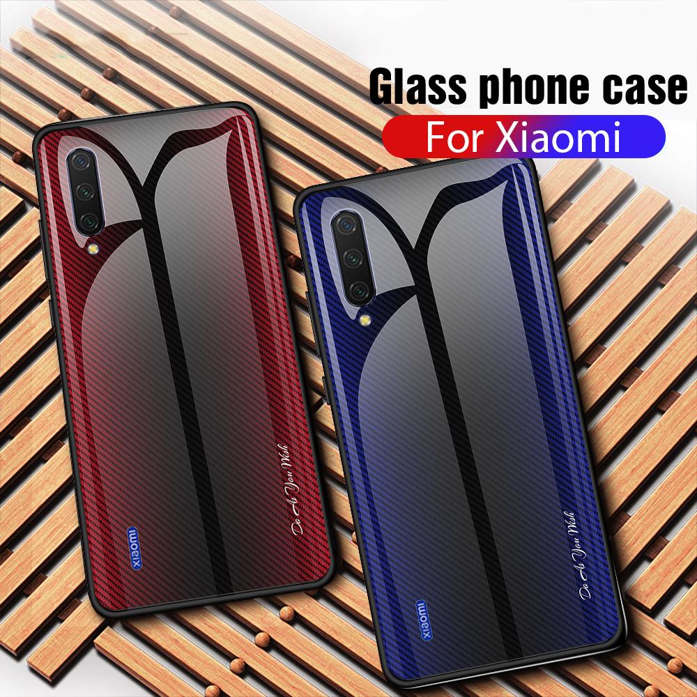 Textura Gradiente Temperado Vidro De Volta + Soft Tpu Borda De Telefone Tampa Para Xiaomi Mi Cc9 / Mi Cc9 Meitu Edition / Mi 9 Lite - Vermelho