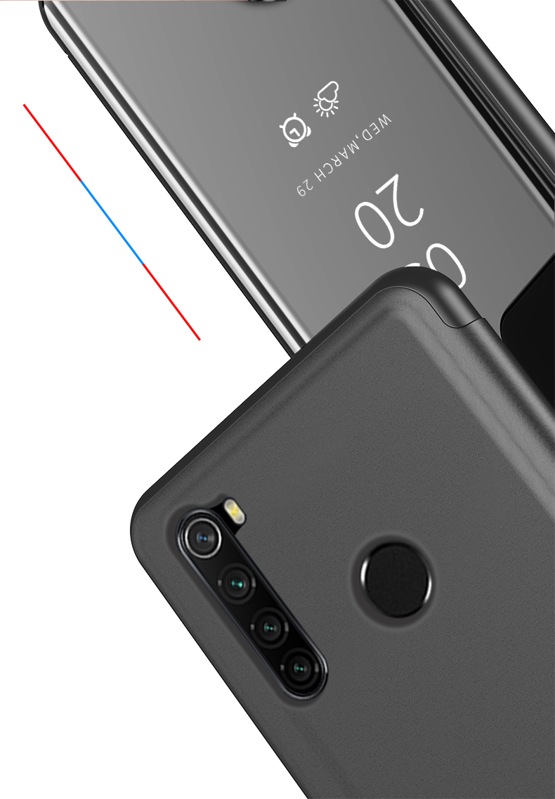 Plattierte Spiegeloberflächenansichtsfenster Lederstand Hülle Für Xiaomi Redmi Note 8 - Schwarz