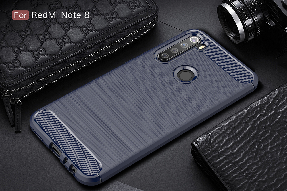 Textura de Fibra de Carbono Case de Teléfono TPU Cepillado Para Xiaomi Redmi Nota 8 - Azul Oscuro