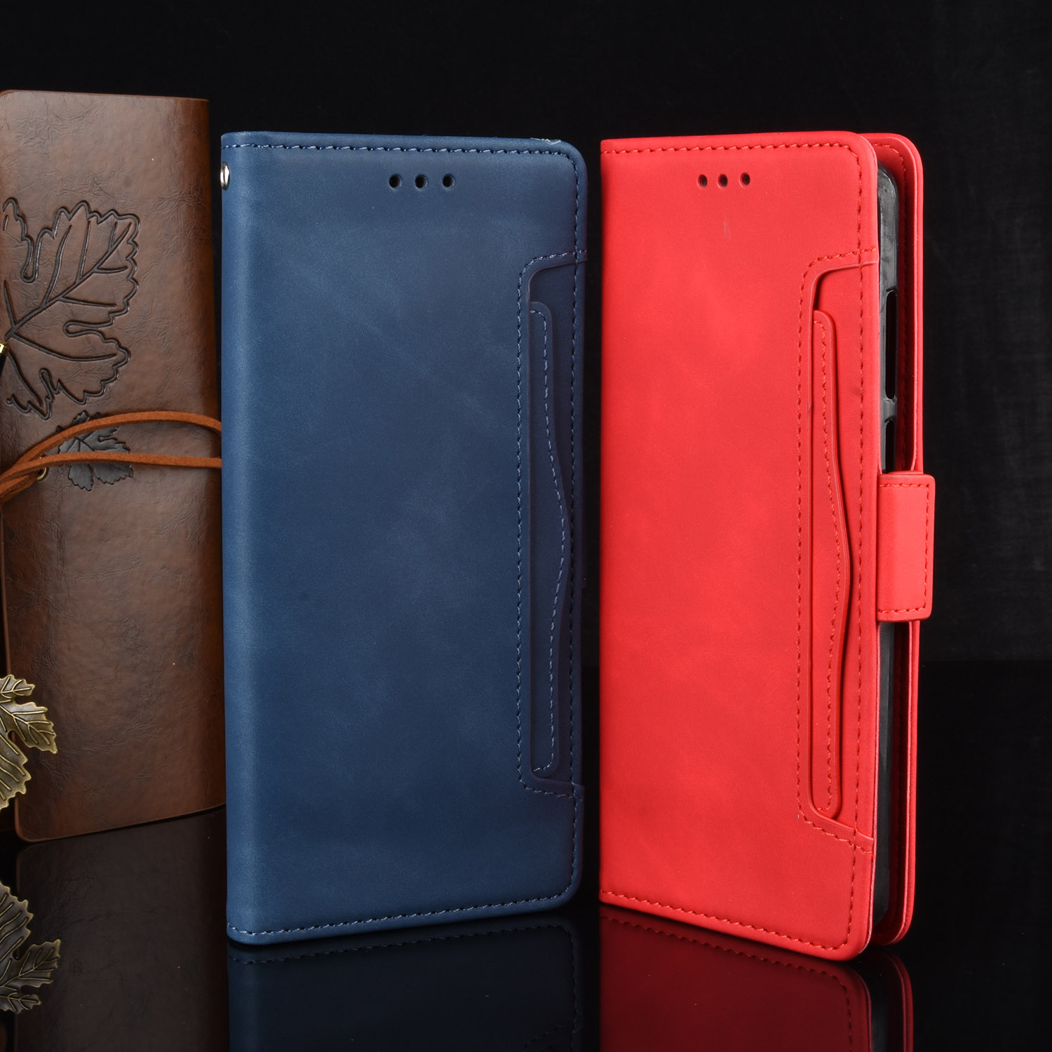 Múltiples Ranuras Para Tarjetas De Cartera De Cuero Shell Para Xiaomi Redmi Note 8 Pro - Rojo