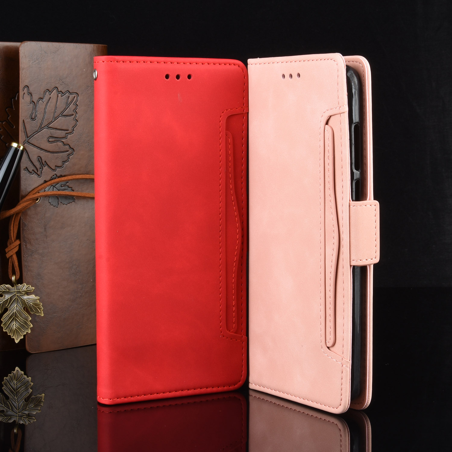 Multiple Cart Card Wallet Phone Shell Para Xiaomi Redmi Nota 8 Pro - Vermelho