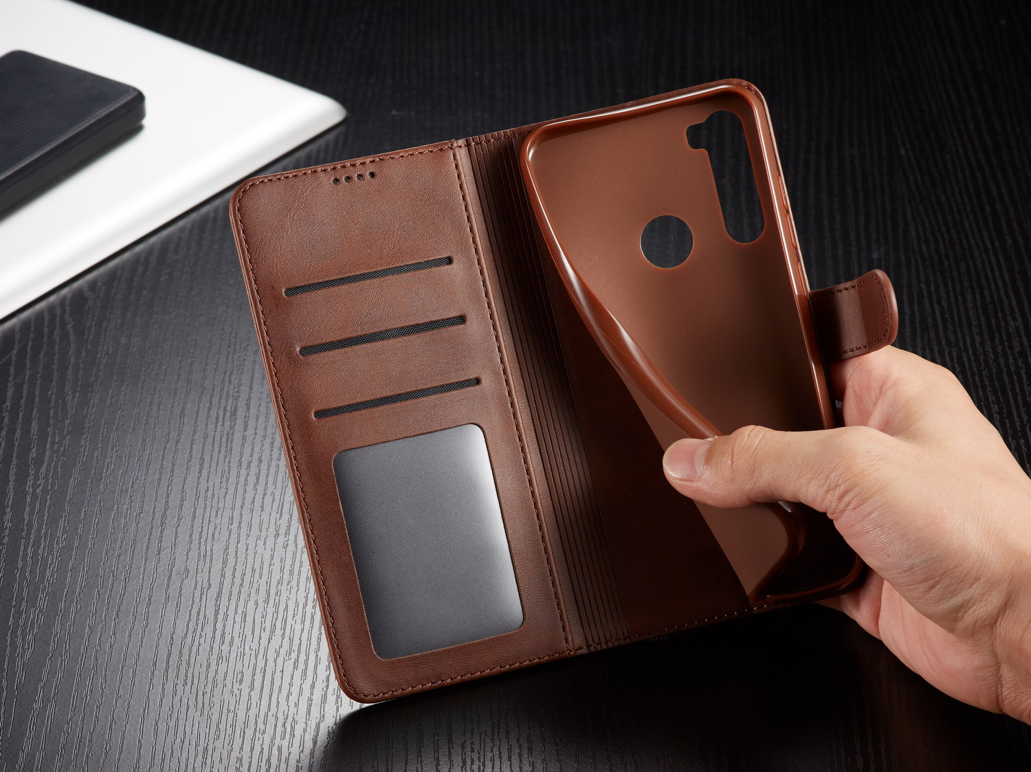 Lc. Imeeke pu Para Xiaomi Redmi Note 8 Carcasa de Billetera Protectora de Cuero - Café