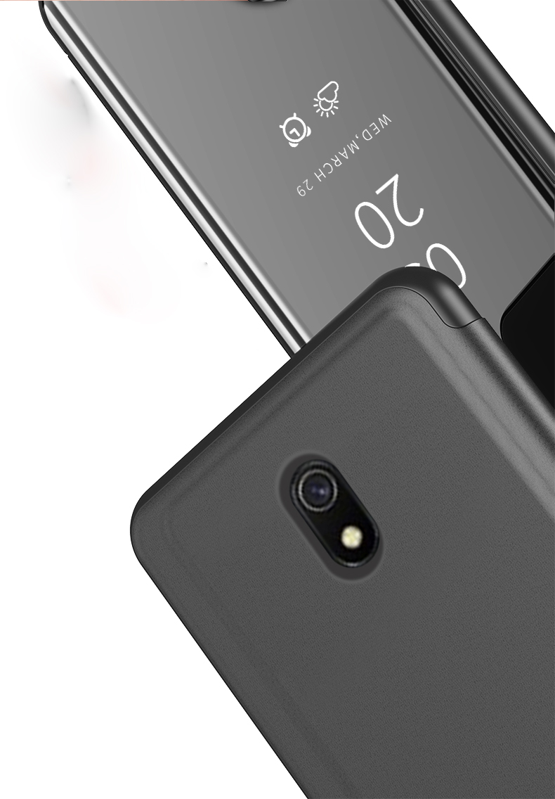 Exibir a Janela Espelhada Com Superfície de Couro de Suporte de Couro Para Xiaomi Redmi 8a - Preto