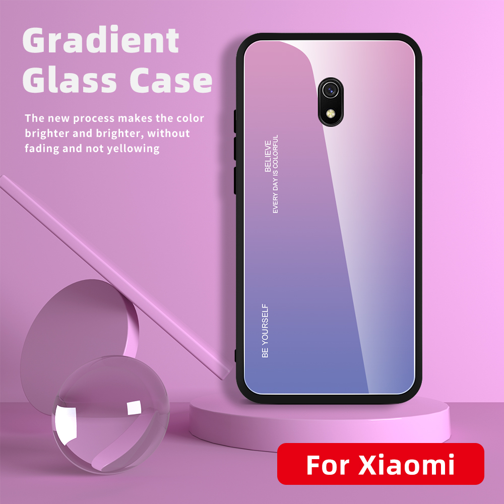 Vetro Temperato a Colore Gradiente + PC + Custodia Combinata Per Xiaomi Redmi 8A - Oro / Rosa